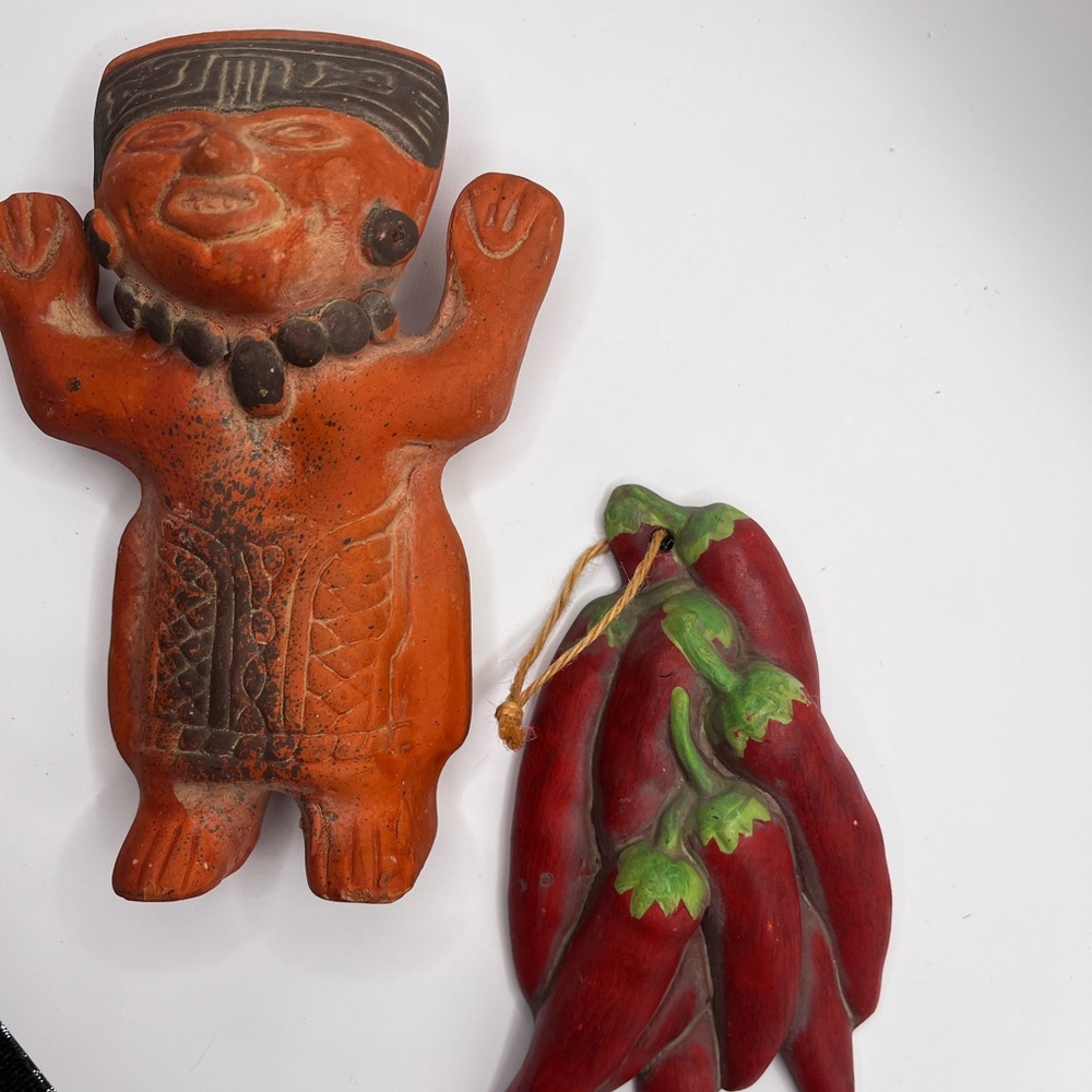 Rustic Terracotta Figurine and Red Chili Wall Decor